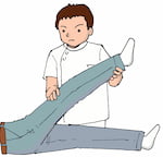 下肢伸展挙上テスト（SLRテスト）を受ける患者と医師